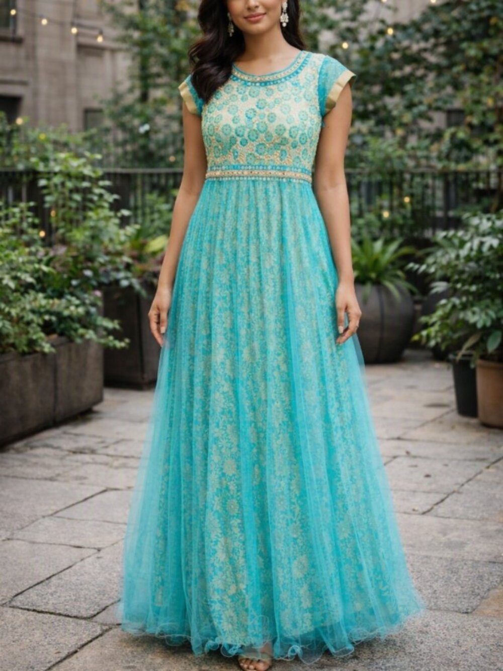 Vintage Embroidered Anarkali Maxi Dress S Boho Fairycore Romantic Boho Aqua Teal